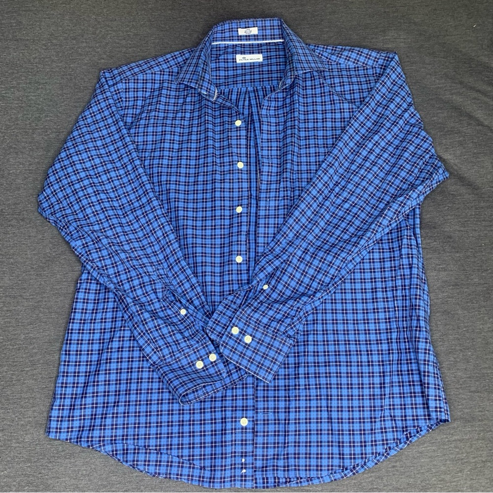 Peter Millar Long Sleeve Button Down Blue Plaid Large - Picture 2 of 5